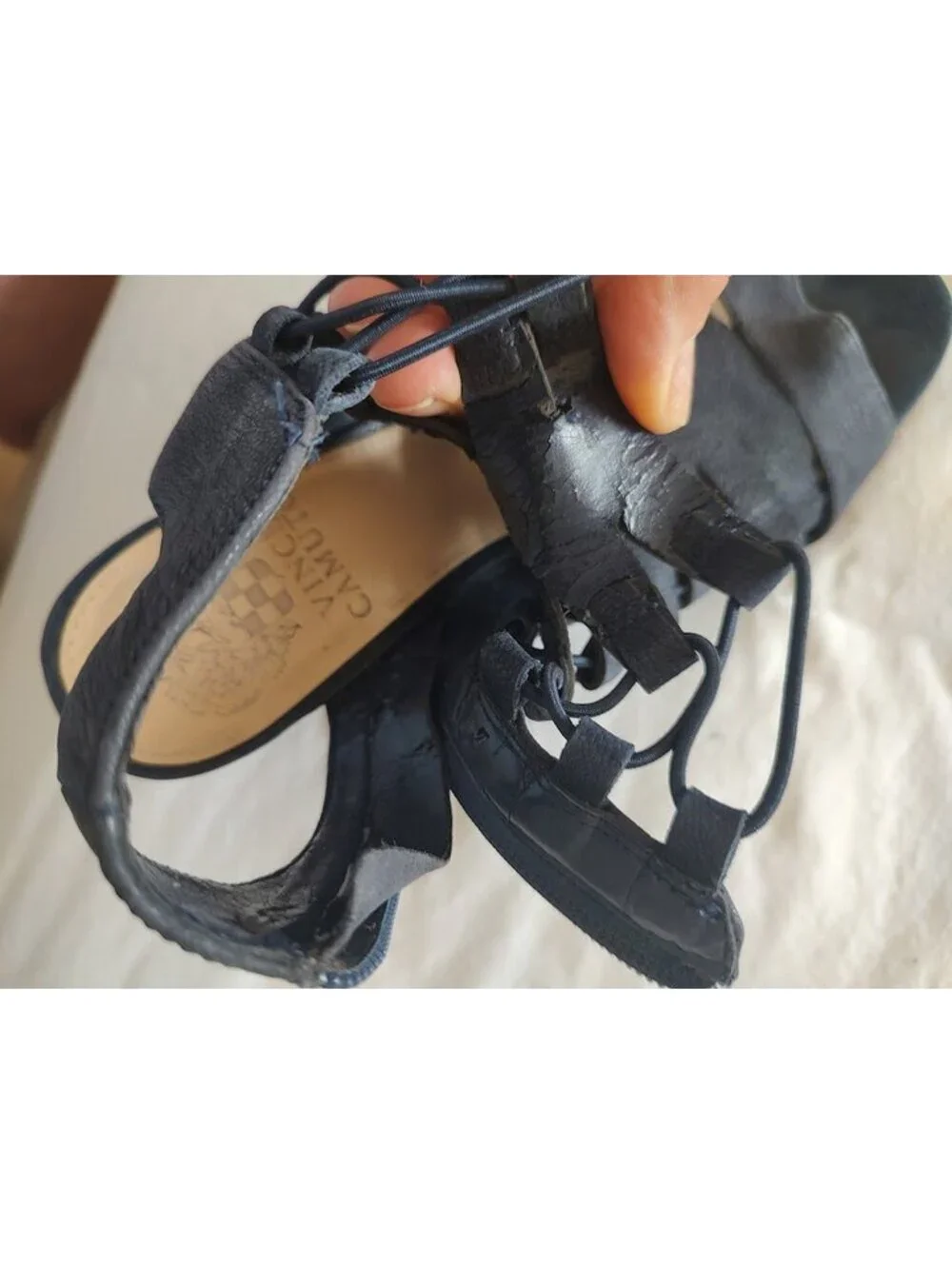 Vince Camuto Navy Leather Eliaz Cone Heeled Dress Sandal Sz7 #gladiator #peeptoe